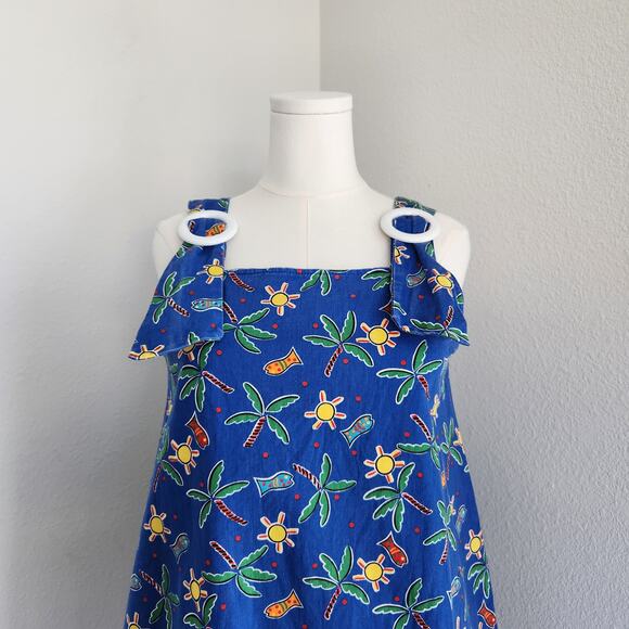 Vintage 80s/90s Blue Sundress Palm Tree Sun Fish Tropical Pattern Ring Straps M - Picture 2 of 10